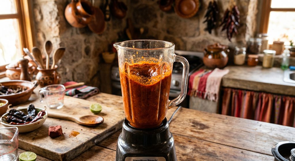 Paso 2: Licúa chiles, achiote, vinagre y jugo de piña