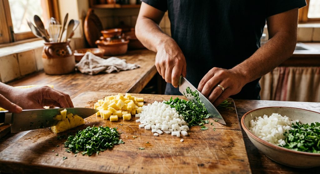 Paso 5: Pica cebolla, cilantro y piña en cubos