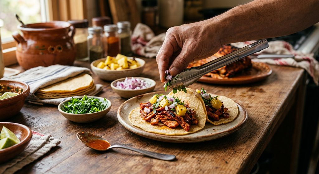 Paso 9: Arma los tacos con carne, piña, cebolla y cilantro