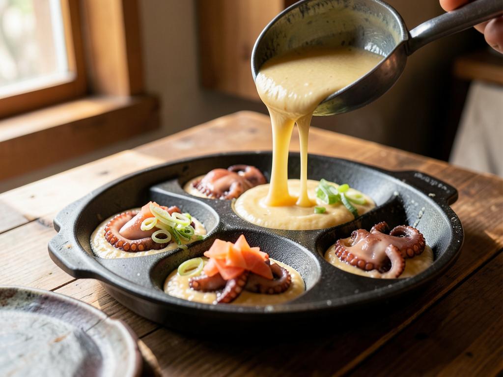Paso 4: Vierte batido y añade pulpo, cebollín y jengibre