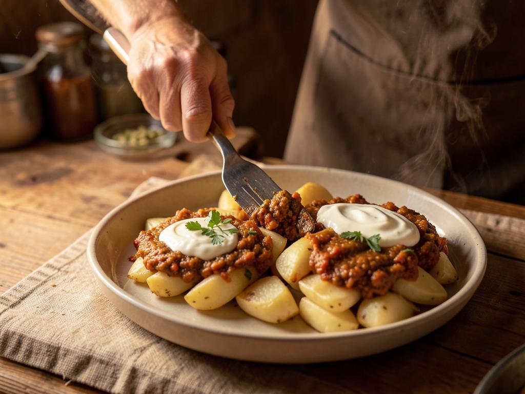Paso 5: Monta capas en bandeja con ajo, papas, sofrito y crema