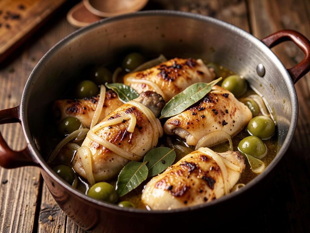 Paso 5: Añade pollo, marinada, aceitunas y laurel, estofa